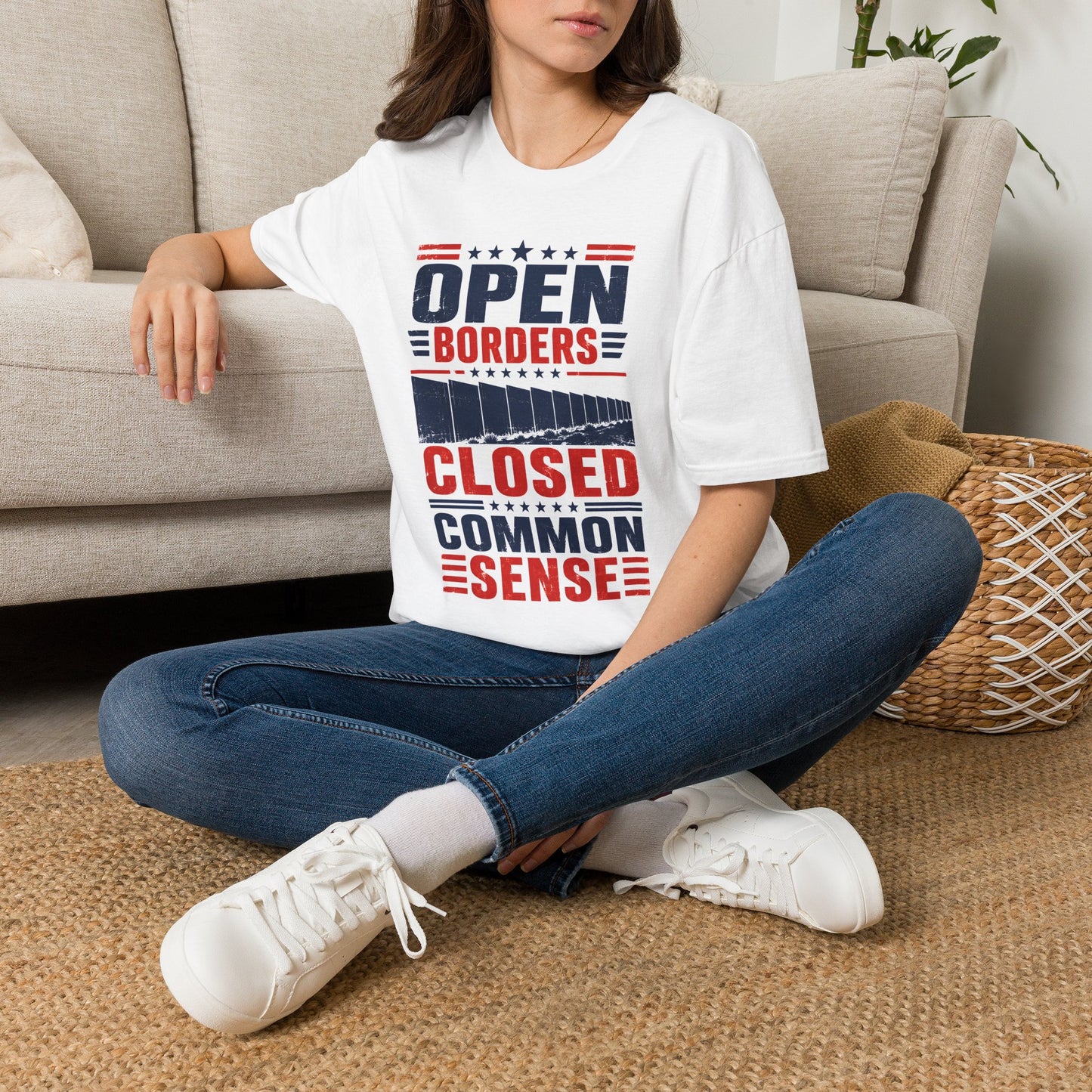 Political T‑Shirt — "Open Borders, Closed Common Sense" Patriotic Graphic Tee