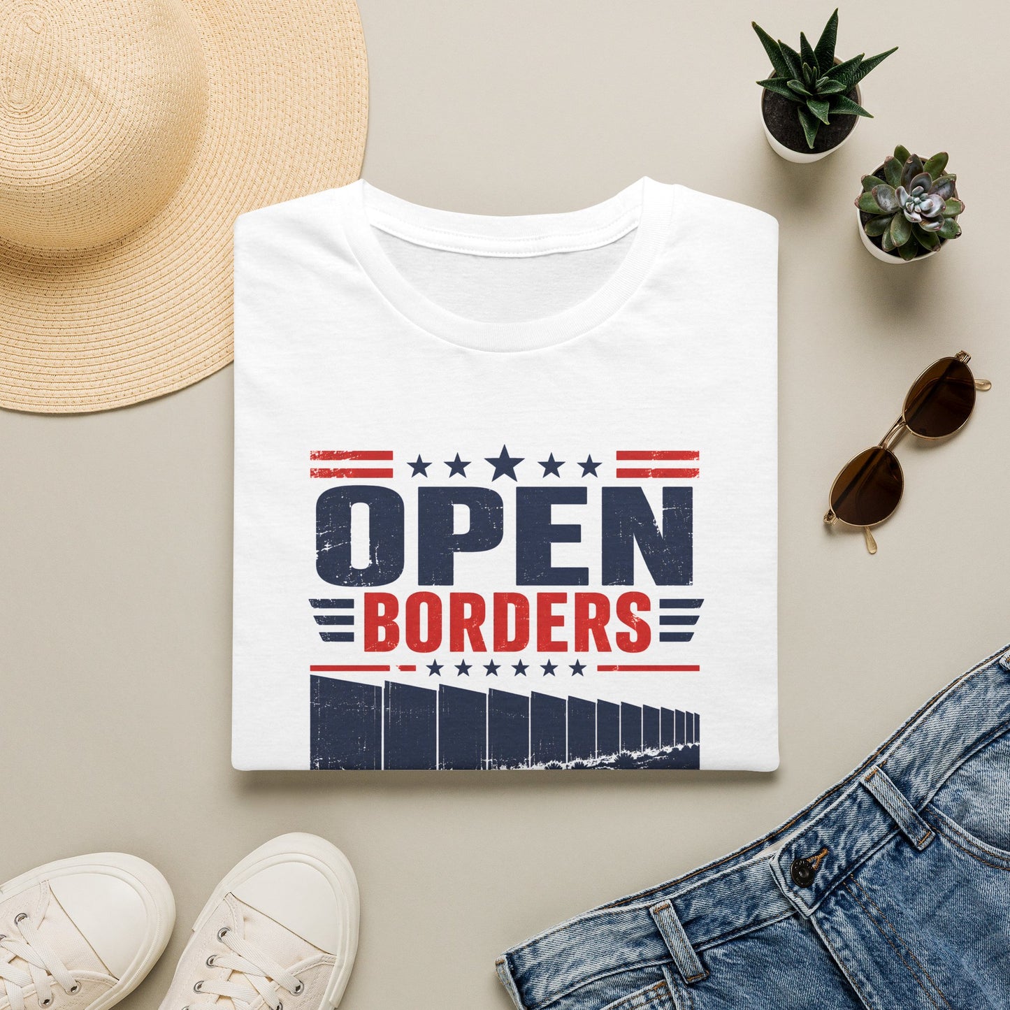 Political T‑Shirt — "Open Borders, Closed Common Sense" Patriotic Graphic Tee