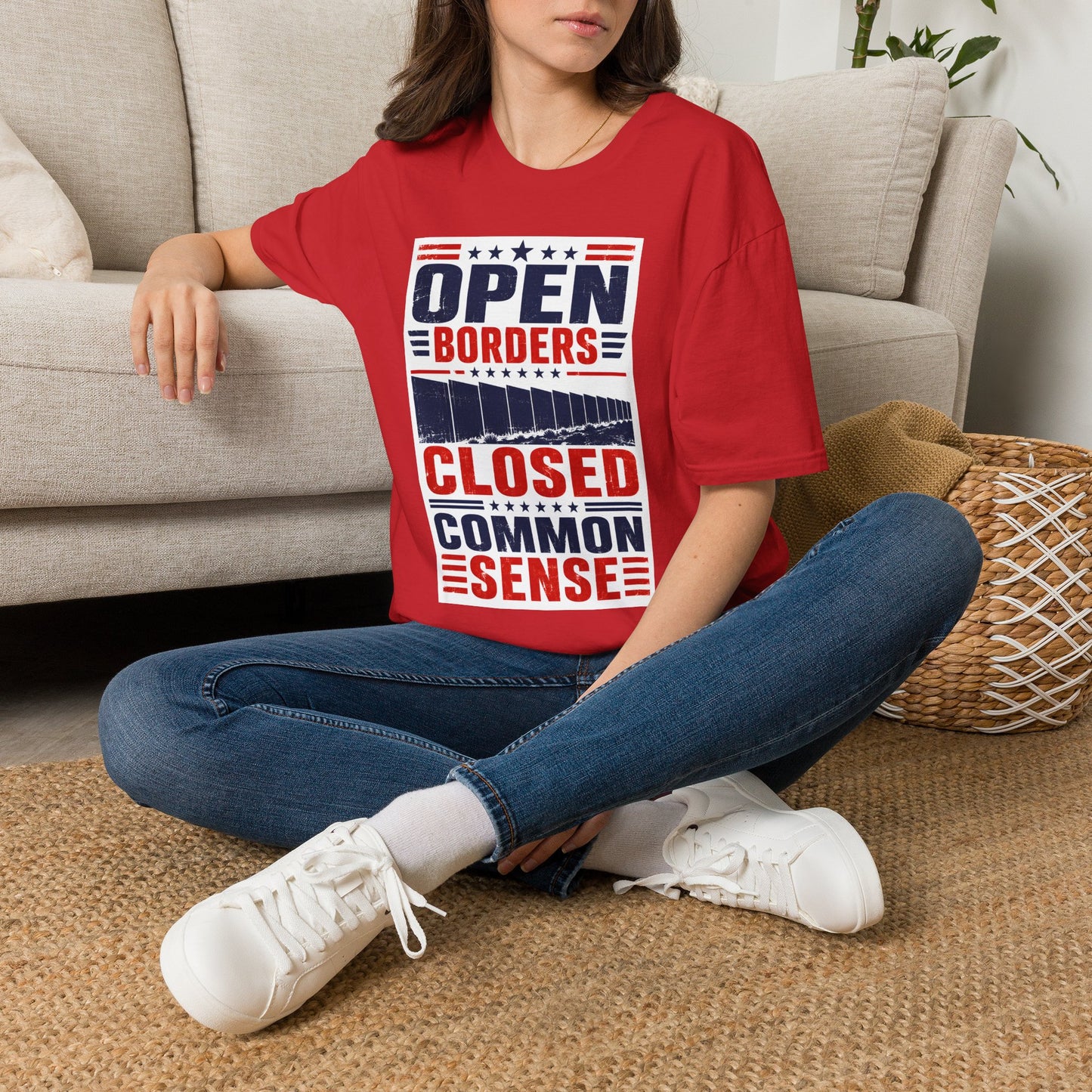 Political T‑Shirt — "Open Borders, Closed Common Sense" Patriotic Graphic Tee